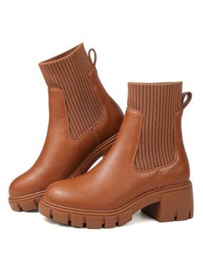 Women's Chelsea Ankle Boots Stretch Knit Pull On Chunky Heel Lug Sole
